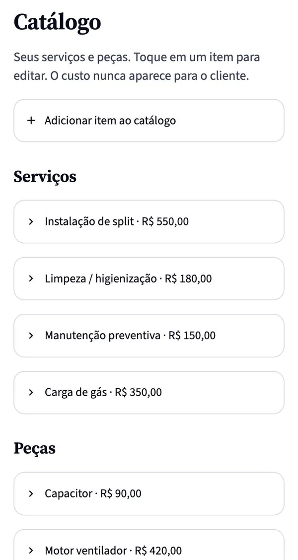 Tela Catálogo: lista de serviços e peças, cada um com o seu preço.