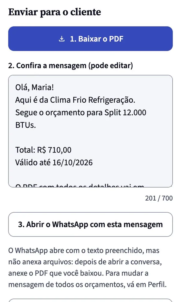 Tela Enviar: botão para baixar o PDF, a mensagem pronta e o botão que abre o WhatsApp.